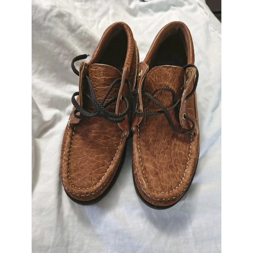 Russell Moccasin Co. 7.5 E Brown Exotic Leather Lace-Up Mens Fishing Boat EUC